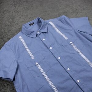 COOFANDY Mens Guayabera Shirt Blue Short Sleeve Embroidered Button Down XL